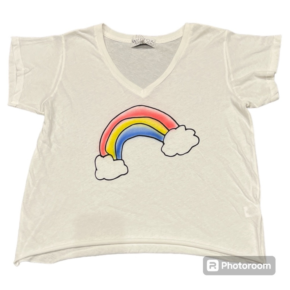 Rainbow 🌈 graphic v neck tee soft lightweight rolled edge boxy shirt NEW S M